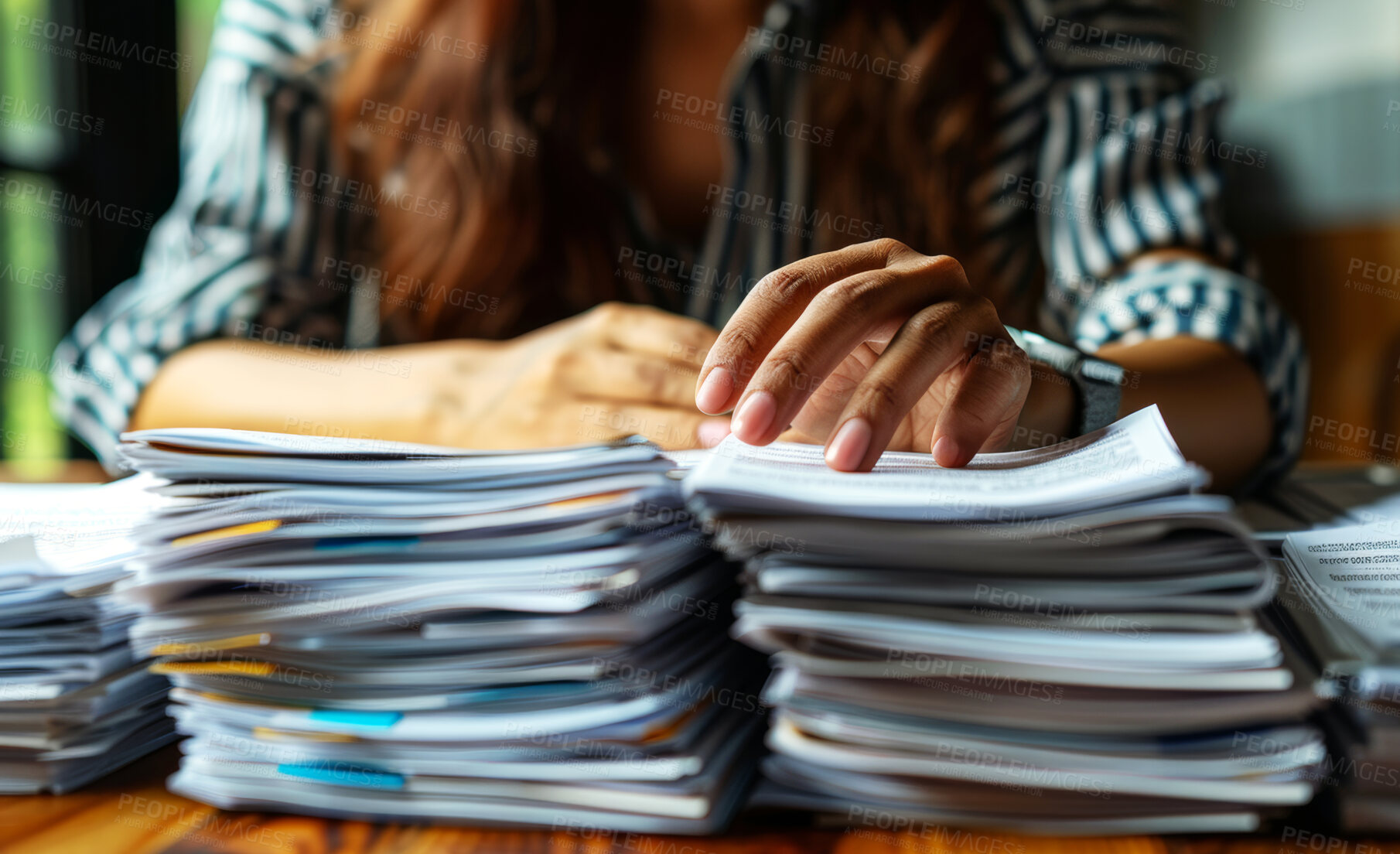 Buy stock photo Woman, documents and paper stacked on desk for work in home office for research in company. Lawyer, notes and files for clients at firm with consent for consult with legal advice with working late