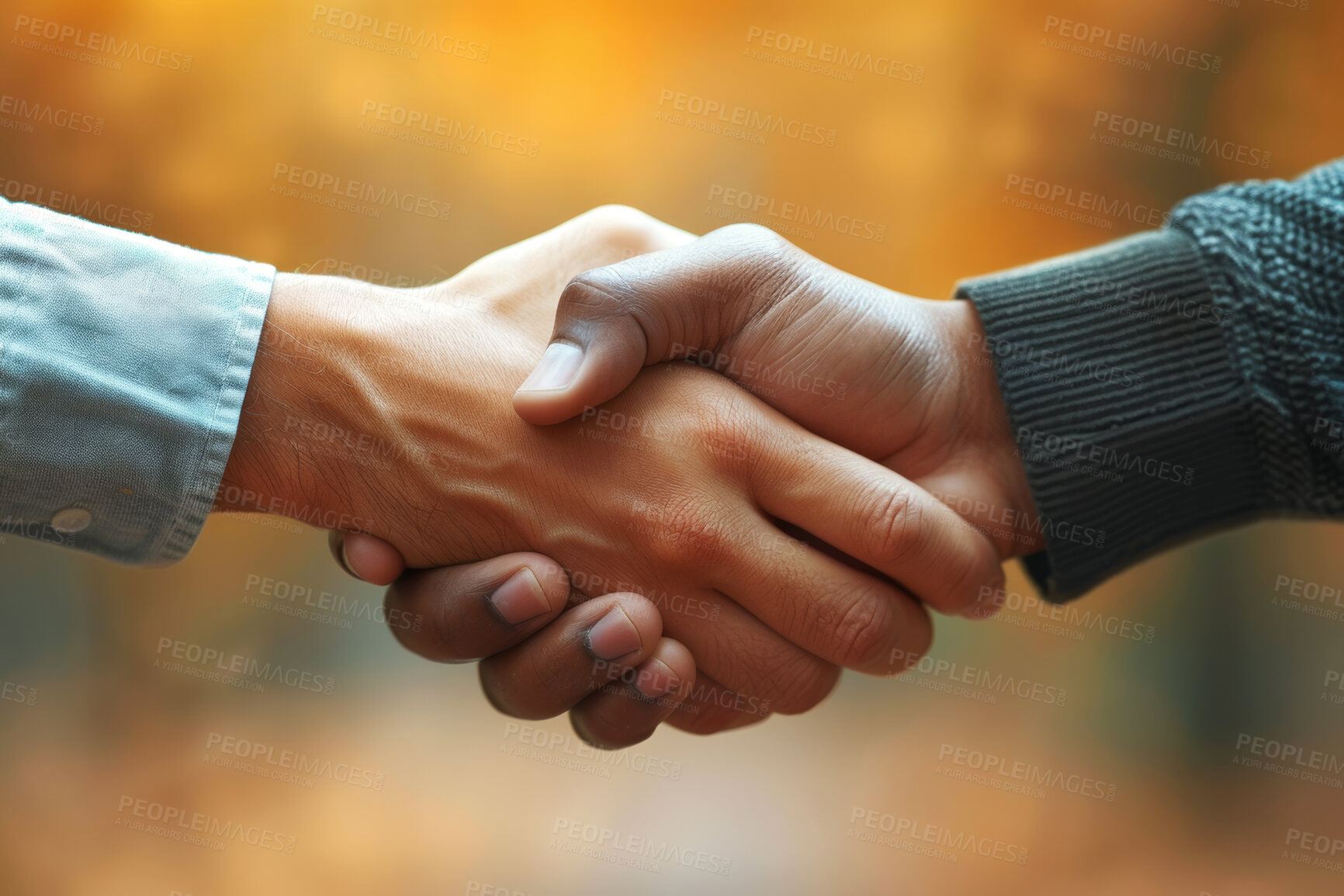 Buy stock photo Support, respect and handshake for trust, agreement or deal for agricultural partnership or teamwork. Solidarity, greeting and thank you or people shaking hands, bonding in nature for growth together