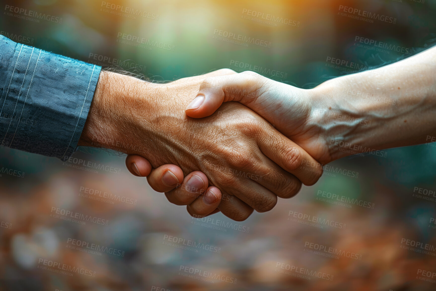 Buy stock photo Support, holding and handshake for trust, agreement or deal for partnership and teamwork. Solidarity, greeting and thank you or welcome with people shaking hands, bonding in nature for growth
