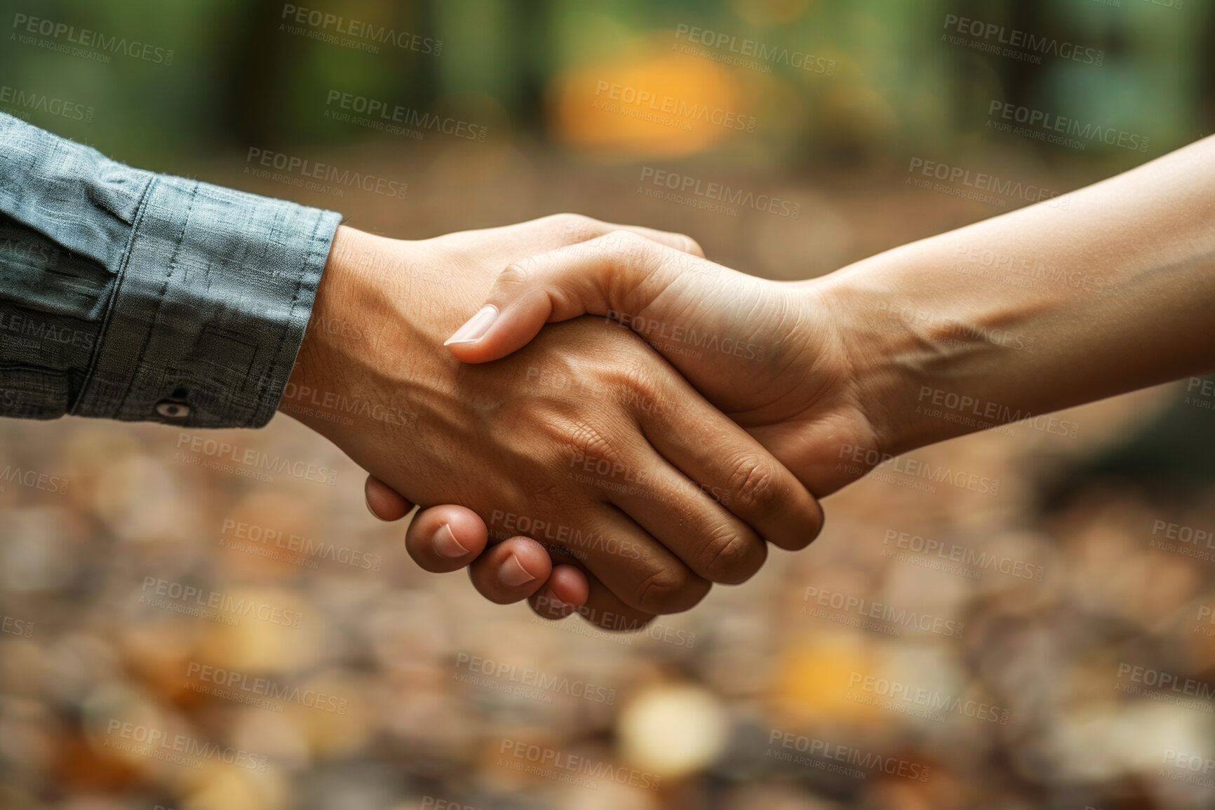 Buy stock photo Handshake, farmer b2b and people shaking hands for agreement, sustainability deal or partnership in countryside. Agriculture, trust and thank you for onboarding collaboration, greeting or welcome