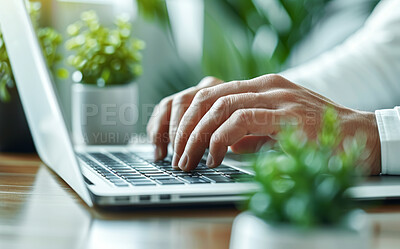 Hands, business and man with laptop, keyboard and typing with internet, connection and web design. Closeup, employee and worker with computer, research and online reading in modern office with email