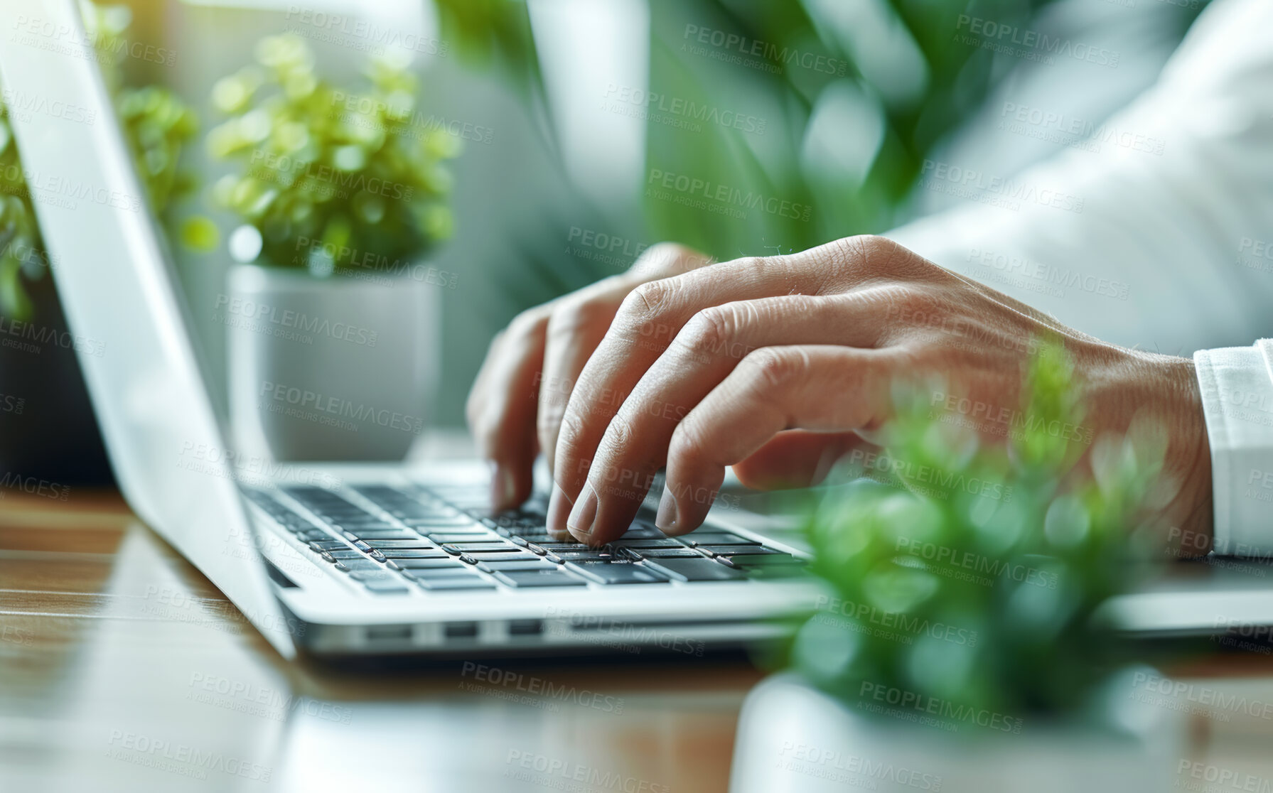 Buy stock photo Hands, business and man with laptop, keyboard and typing with internet, connection and web design. Closeup, employee and worker with computer, research and online reading in modern office with email