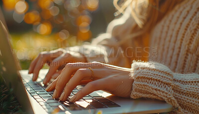Nature, woman and hands with typing on laptop for email, networking and research for article. Journalist, bokeh and creative writing with technology in park for editing, planning and news report