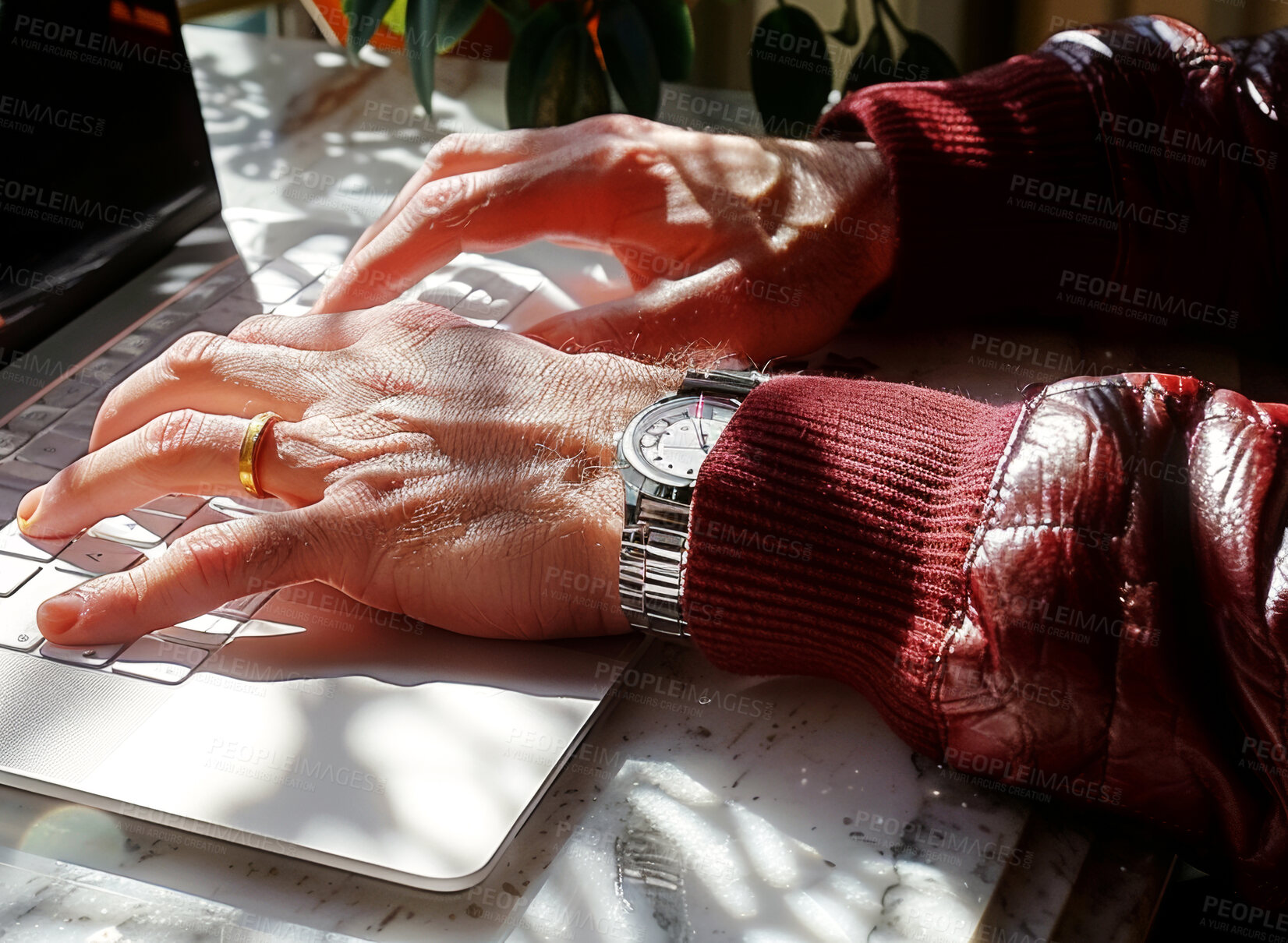 Buy stock photo Keyboard, laptop and hands of elderly man on table for life insurance, research and policy update. Senior person, desk and fingers on technology with typing for investment, communication and planning