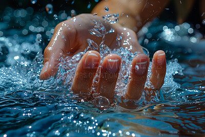 Hand, hydration and water with person cleaning closeup for hygiene, sustainability or wellness. Fingers, palm and skin with adult in body or pool of liquid for purity, skincare or washing for health