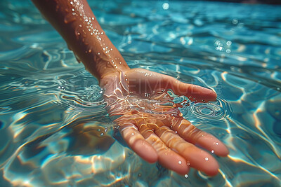 Hand, hydration and water with adult cleaning closeup for hygiene, sustainability or wellness. Fingers, palm and skin with person in body or pool of liquid for purity, skincare or washing for health