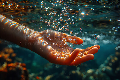 Buy stock photo Drown, hand and underwater with person sinking closeup for defeat, fail or mistake. Fingers, palm and skin with lifeless wet adult in body or pool of liquid for accident, death or mental health