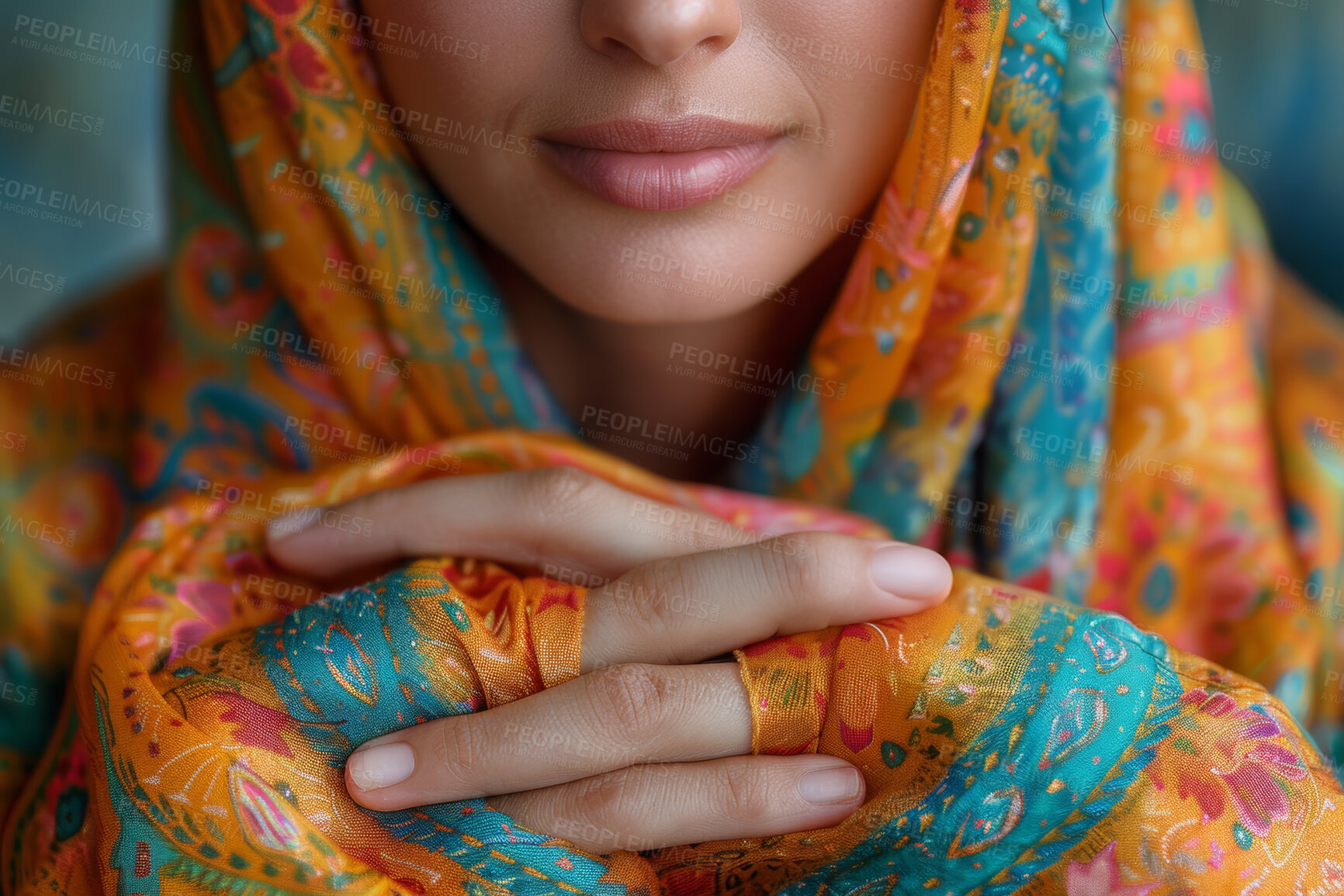 Buy stock photo Faith, hands and prayer with Muslim woman at mosque closeup for culture, tradition or belief in Allah. Hope, Islam or worship with devoted Arab person praying to god for miracle, praise or trust