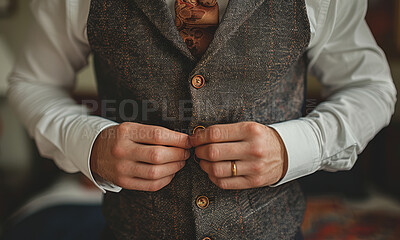Fashion, man and hands with vintage suit, formal clothes and fixing buttons on vest for business. Wool jacket, dress shirt and male person with tailor made luxury fabric and bedroom background