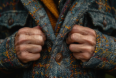 Person, hands and fashion with wool sweater or jersey buttons and fabric for winter or cold weather. Jumper, fingers and wrinkles with warm clothes, soft texture and linen for freezing climate
