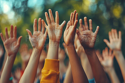 Hands up, group and crowd with vote, volunteer or celebration at party of community at outdoor event. Audience fingers, palm raised and people with support, question or teamwork together on bokeh