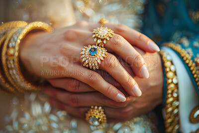 Culture, hand and Indian person with jewellery, ring and manicure for nail, Islamic and bangles for wedding. Closeup, religion and tradition for clothes of bride, woman and pride for fashion in cloth