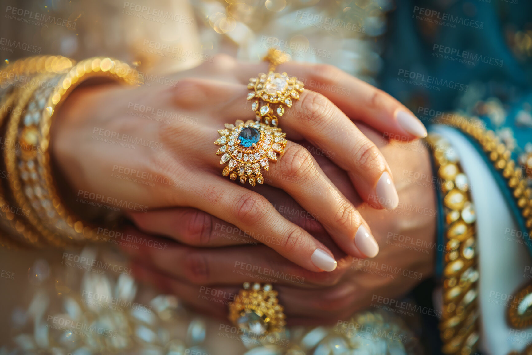 Buy stock photo Culture, hand and Indian person with jewellery, ring and manicure for nail, Islamic and bangles for wedding. Closeup, religion and tradition for clothes of bride, woman and pride for fashion in cloth