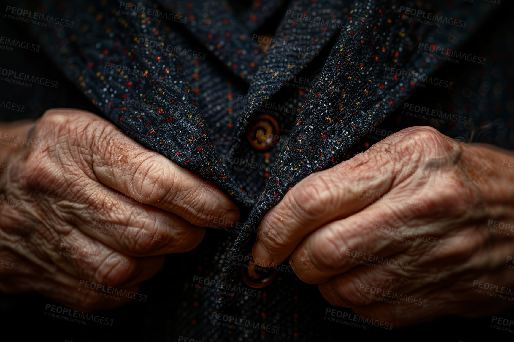 Buy stock photo Person, hands and wool jersey as closeup with buttons for cold weather or winter, wrinkles or fabric. Jumper, warm and clothes for freezing textile or soft thread with woven fiber, patterns or cozy