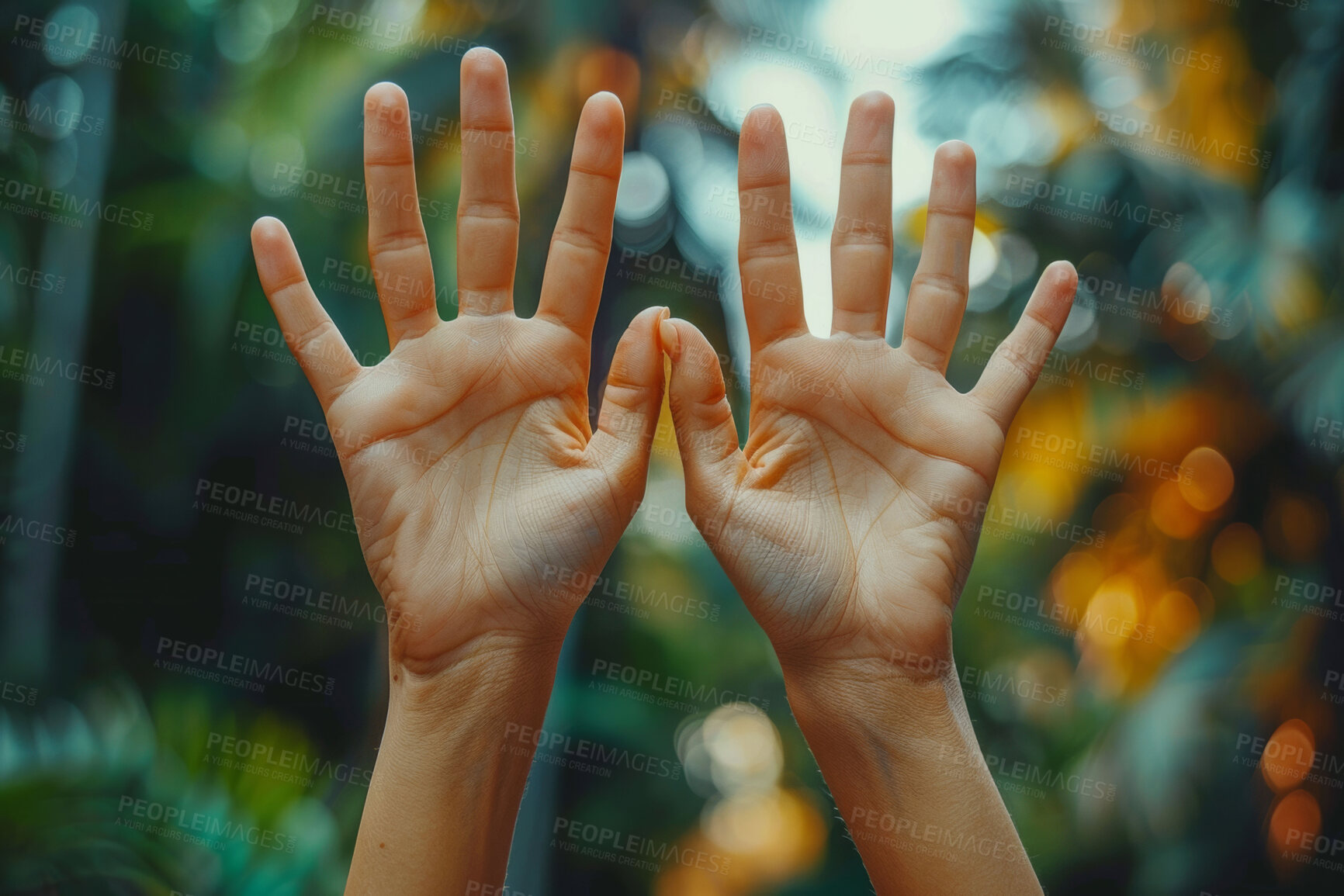 Buy stock photo Hands, air and open palm outdoor in nature for praise, freedom and gratitude with faith or religion. Fingers, peace and gesture or expression for love, connection and hope with prayer or thanks