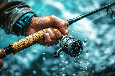 Hand, gear and man fishing in rain for catching food source to eat with reel tool for fish, outdoor and wilderness. Person or fisherman, wet weather and survival skill for harsh life and angling.