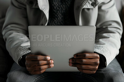 Hand, black man and tablet for connection, research and networking in closeup. Technology, african male website designer with email, online communication and planning for web design project