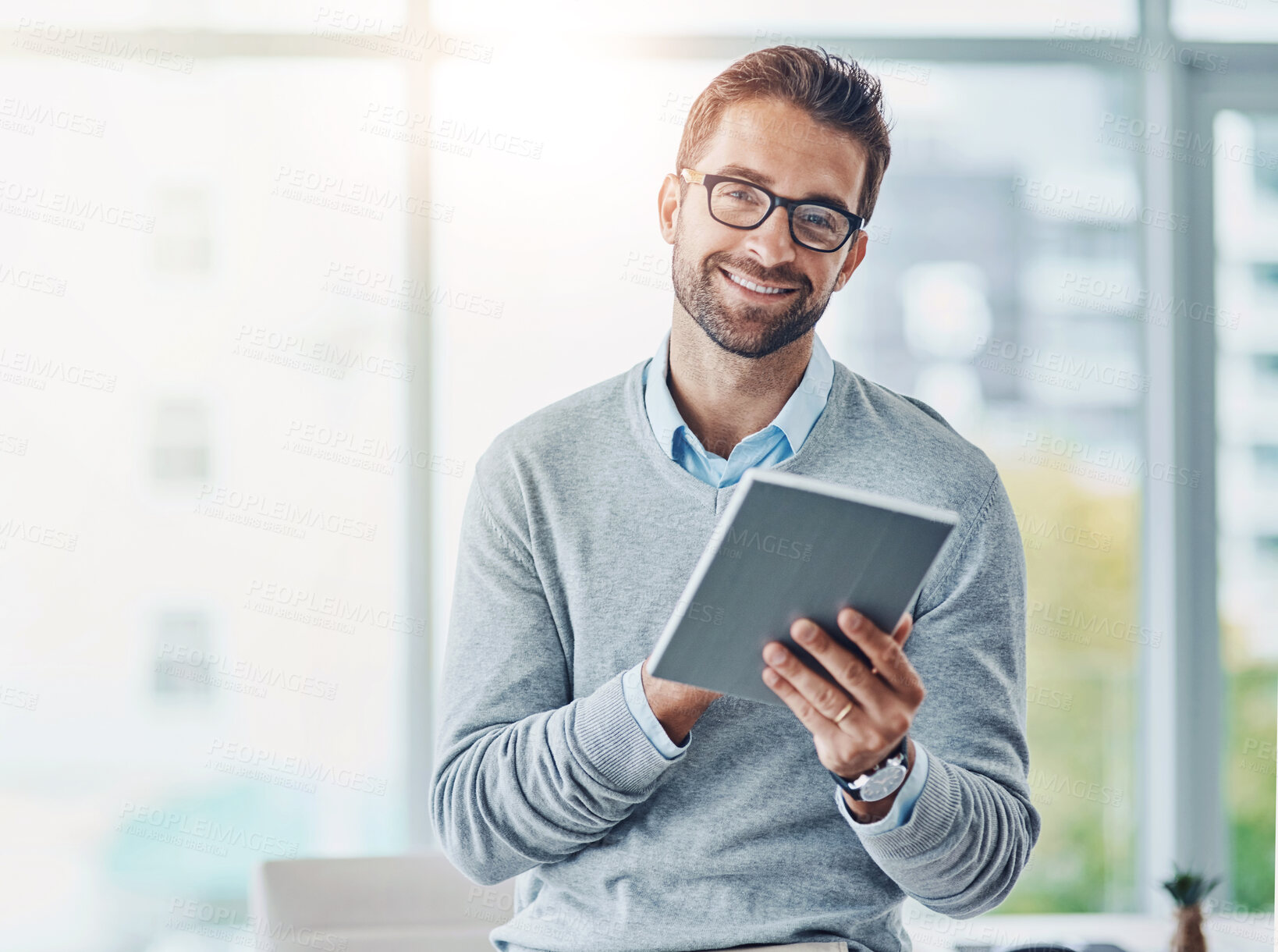 Buy stock photo Businessman, glasses and portrait with tablet in office for schedule, email and financial administration. Accountant, smile and face with technology for calendar check, investment and tax compliance