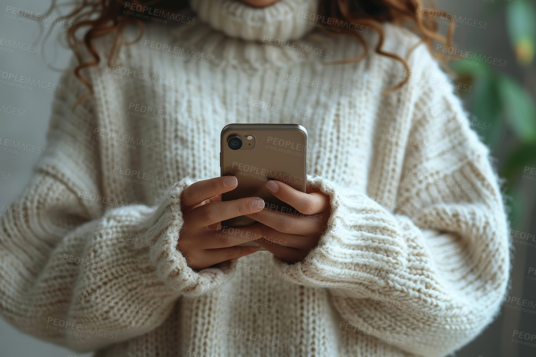 Buy stock photo Hands, woman and smartphone for typing at home, communication and social media for connection. Technology, cellphone and fingers for texting, digital and conversation or online scrolling on website