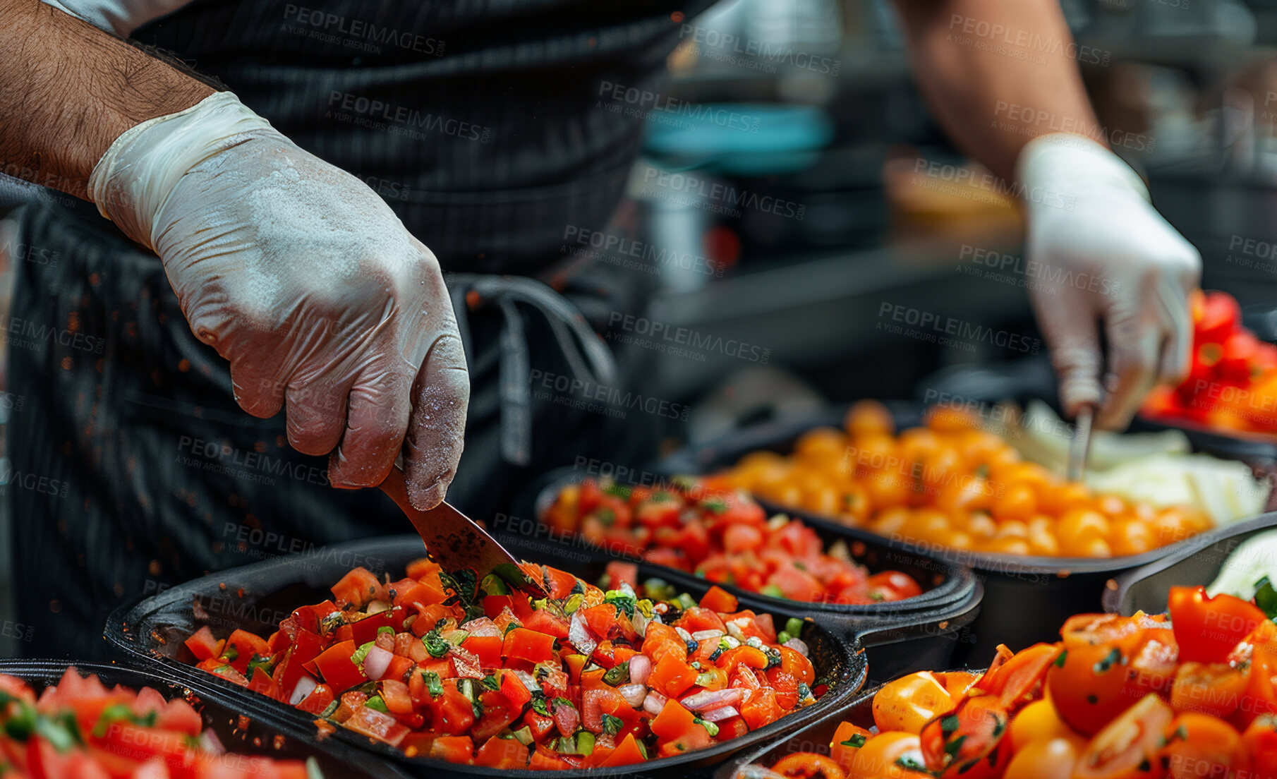 Buy stock photo Chef person, food and hands in kitchen for meal prep, professional and organised for service in restaurant. Tomato, salsa and topping for Mexico, gloves and apron for cook with ingredients and vegan