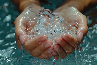 Hands, hydration and water with person washing closeup for hygiene, sustainability or wellness. Cleaning, fingers and skin with adult palm in body or pool of liquid for purity, skincare or splash