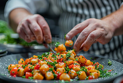 Chef, food and hands in kitchen for plating, professional and presentation for service in restaurant. Vegetable, salad and potatoes for meal prep, cook and apron with ingredients for vegan cruise