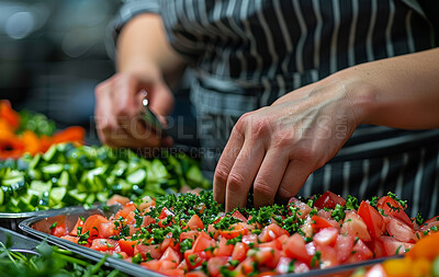 Chef, food and hands in kitchen for meal prep, professional or organised for service in restaurant. Vegetable, salsa or Mexican cuisine, tomato or apron for cook with ingredient or health vegan salad