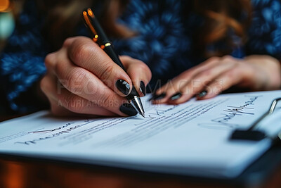 Woman, hand and sign contract paper with pen for sales or contractor agreement and confidentiality terms. Person, initial or mark legal document for lease, purchase order and non disclosure promise.