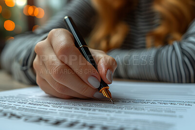 Girl, hand and read on contract paper with pen for sale or contractor agreement and confidentiality terms. Person, sign or mark legal document for lease, purchase order and non disclosure promise.