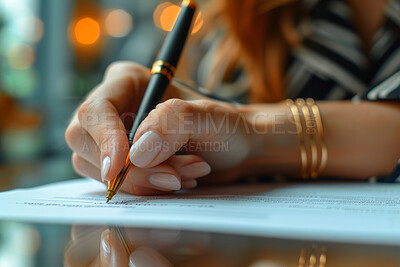 Girl, hand and write on contract paper with pen for sale or contractor agreement and confidentiality terms. Person, sign or mark legal document for lease, purchase order and non disclosure promise.
