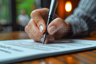 Woman, hand and read on contract paper with pen for sale or contractor agreement and confidentiality terms. Person, sign or mark legal document for lease, purchase order and non disclosure promise.