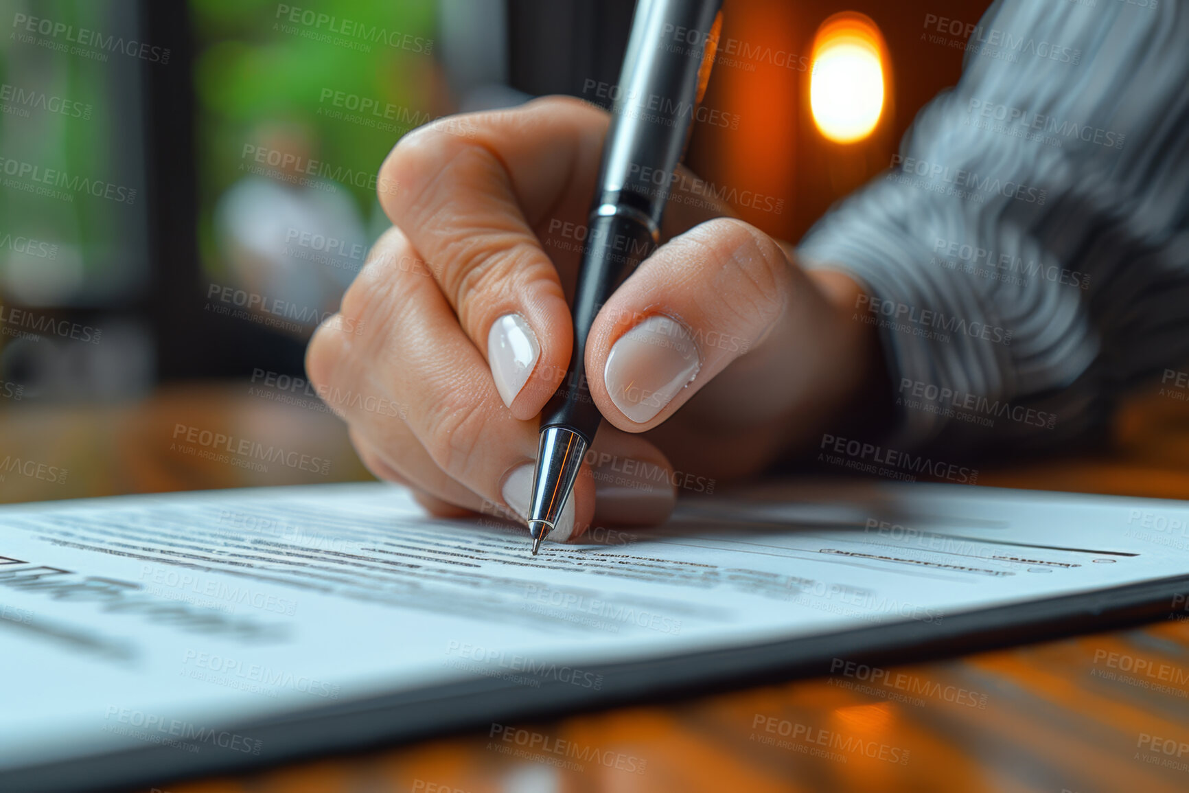 Buy stock photo Woman, hand and writing on contract paper with pen for sale or contractor agreement and confidentiality terms. Person, sign or read legal document for lease, purchase order and non disclosure promise