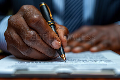 Man, hand and read contract paper with pen for sales or contractor agreement and confidentiality terms. Person, signature or mark legal document for lease, purchase order and non disclosure promise.