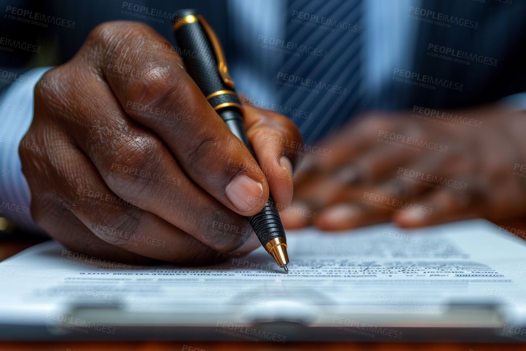 Buy stock photo Man, hand and writing contract paper with pen for sales, contractor agreement and confidentiality terms. Person, sign or mark legal document for lease, purchase order and non disclosure promise