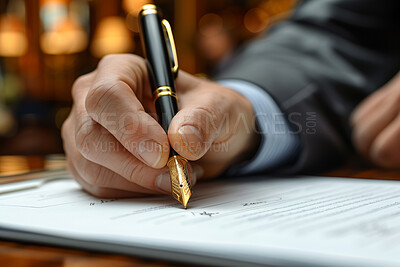 Man, hand and sign contract paper with pen for sales or contractor agreement and confidentiality terms. Person, initial or mark legal document for lease, purchase order and non disclosure promise.