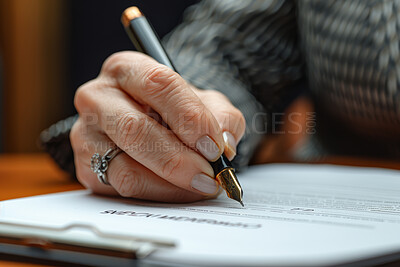 Woman, hand and sign contract document with pen for sales or contractor agreement and confidentiality terms. Person, initial or mark legal paper for lease, purchase order and non disclosure promise.