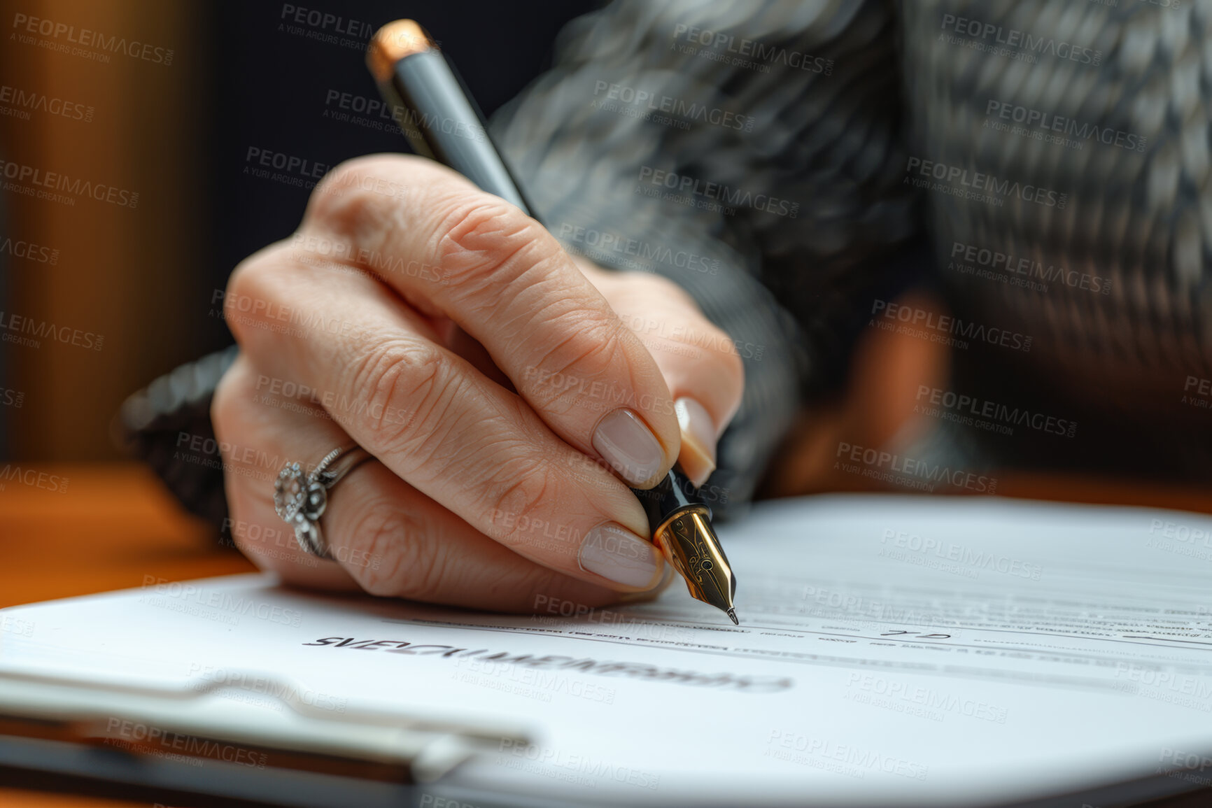 Buy stock photo Woman, hand and sign contract document with pen for sales or contractor agreement and confidentiality terms. Person, initial or mark legal paper for lease, purchase order and non disclosure promise.