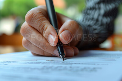 Person, hand and sign contract paper with pen for sales or contractor agreement and confidentiality terms. Zoom, initial or mark legal document for lease, purchase order and non disclosure promise.