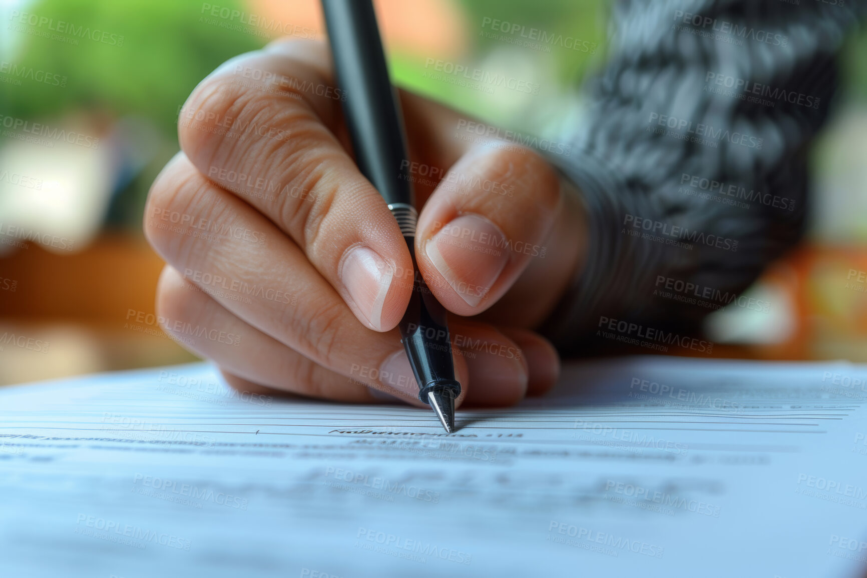 Buy stock photo Person, hand and sign contract paper with pen for sales or contractor agreement and confidentiality terms. Zoom, initial or mark legal document for lease, purchase order and non disclosure promise.