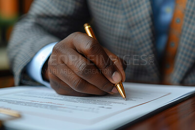 Hand, contract and writing with document, application or legal paperwork or policy. Businessman, deal and approval for collaboration, partnership and transaction with pen signing form for agreement