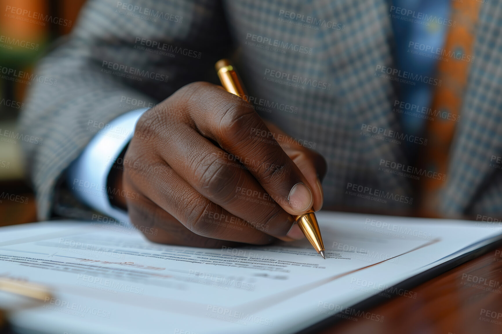 Buy stock photo Hand, contract and writing with document, application or legal paperwork or policy. Businessman, deal and approval for signature, partnership and transaction with pen signing form for agreement