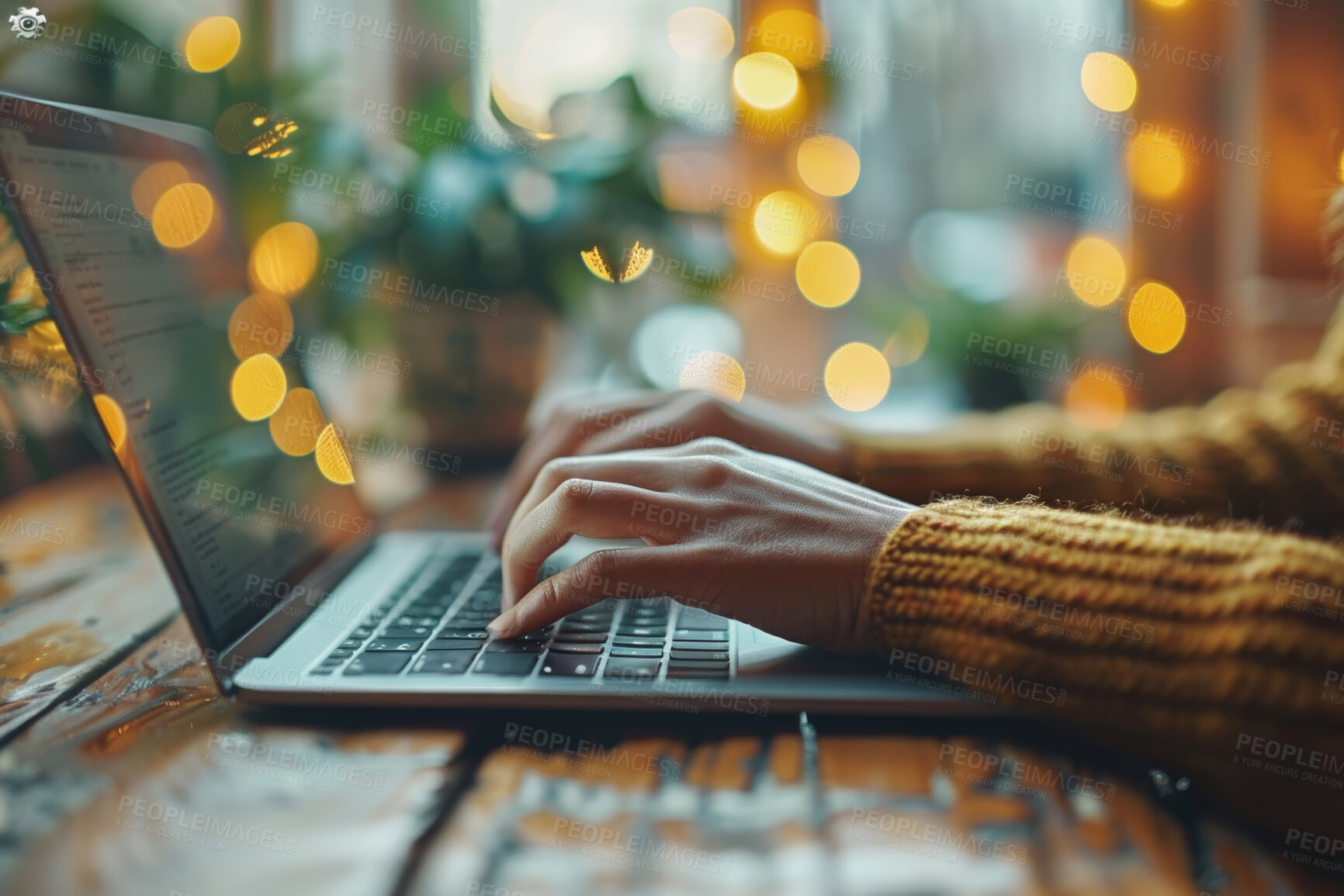 Buy stock photo Hands, laptop and customer typing in cafe for blog, freelance career or remote work closeup. Computer, internet and research with person in coffee shop or restaurant for small business or startup