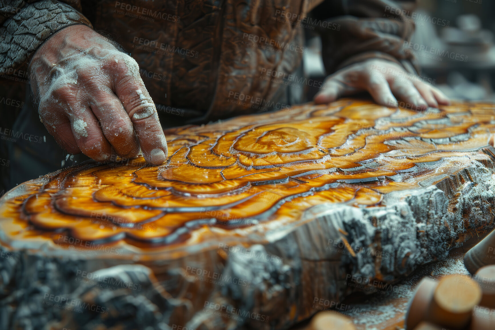 Buy stock photo Carving, craftsmanship and hands of professional artisan in workshop for art, creative or design closeup. Skill, texture and wooden tree trunk with person in factory or plant for handmade production