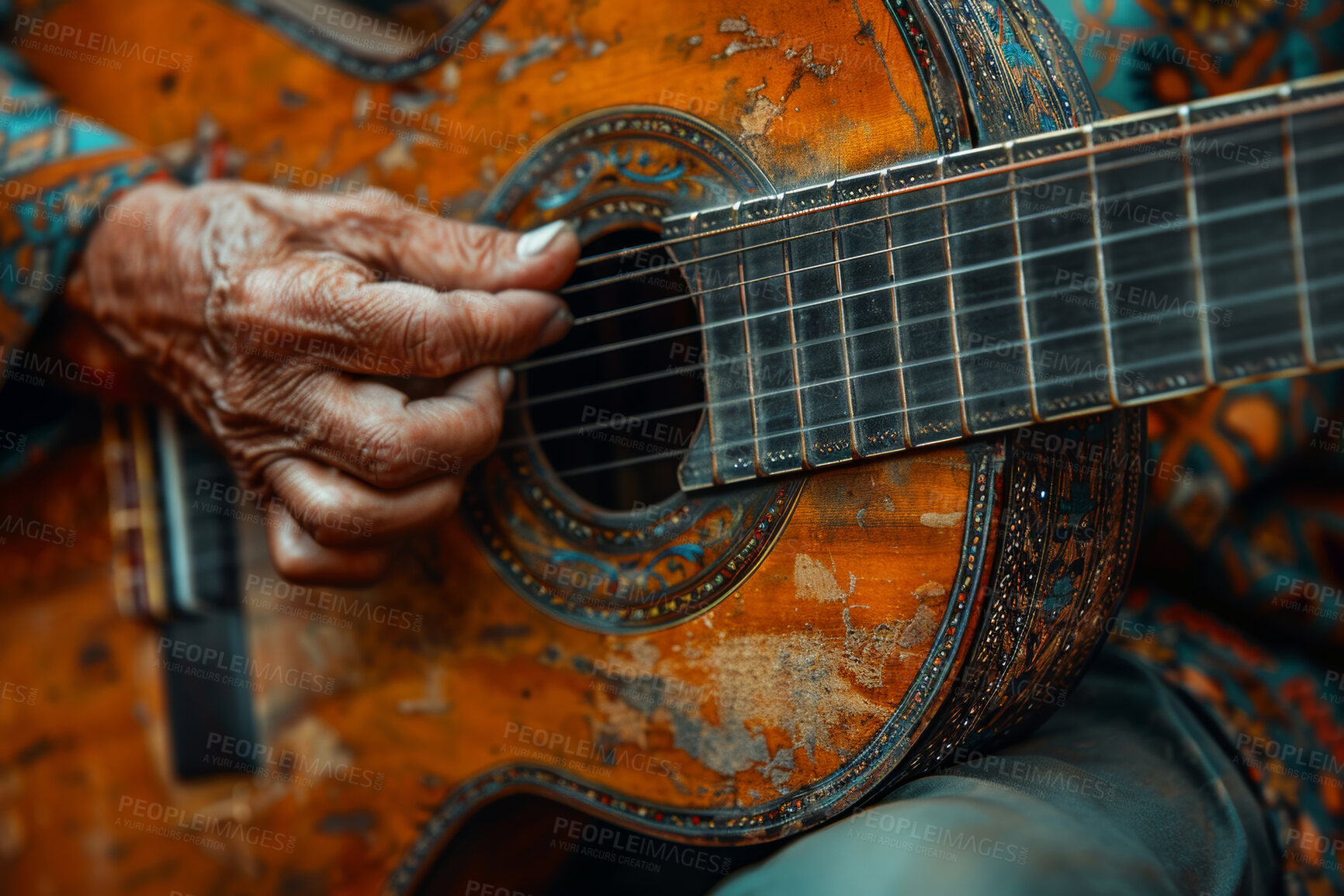 Buy stock photo Person, hands and guitar instrument for music playing or creative performance, concert or rhythm. Fingers, strings and acoustic production for audio composer or band artist for sound, show or solo