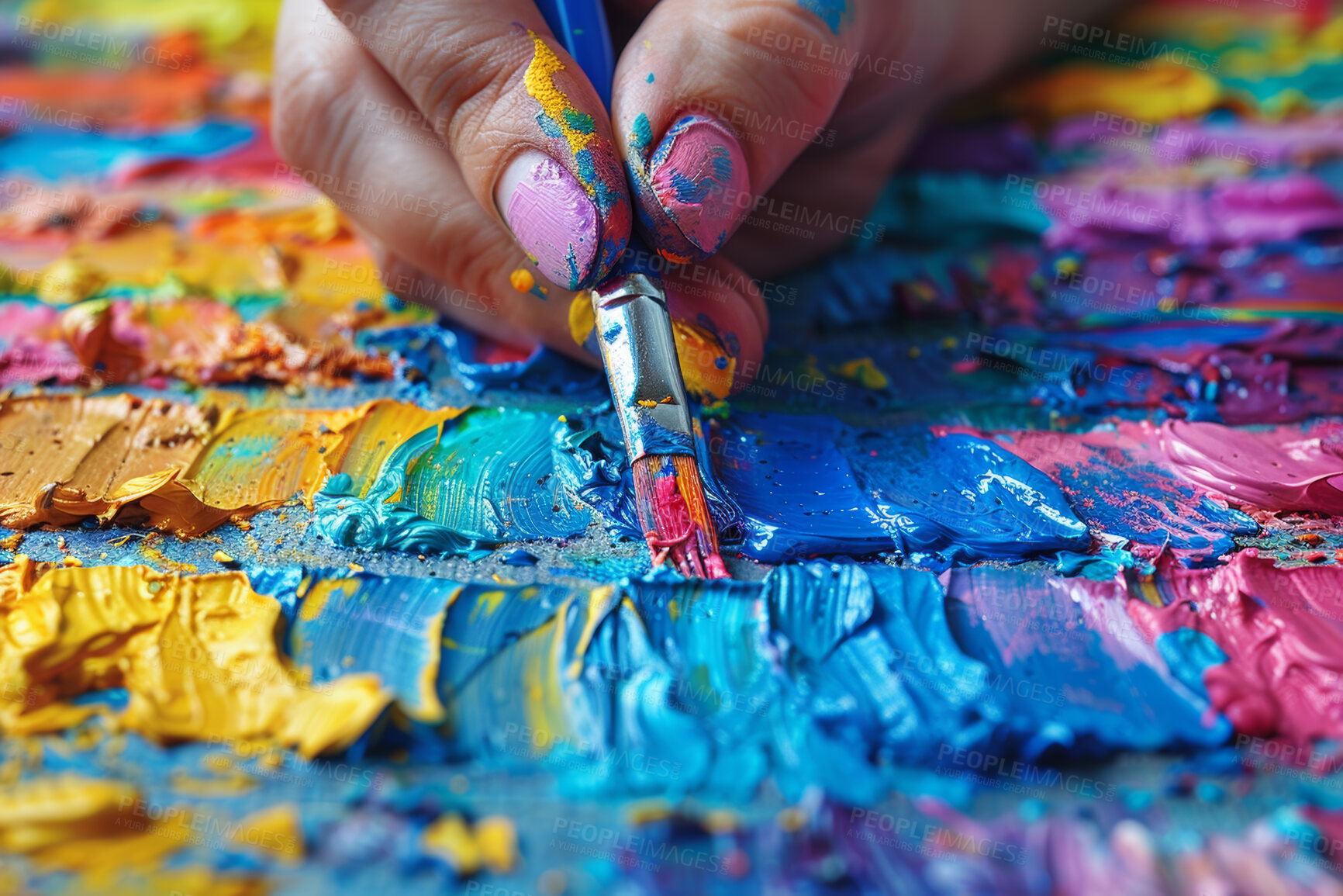 Buy stock photo Hand of person, paint and brush for art with abstract, creative expression and artwork creation. Painter, artist and aesthetics design with pattern texture for canva, creativity idea and colorful