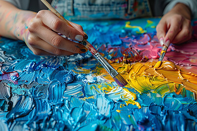 Hands of person, paintbrush and canva for art with abstract, patterns and colorful textures. Creativity, artist and talent of artwork design with oil paint, drawing and vivid with vibrant aesthetic
