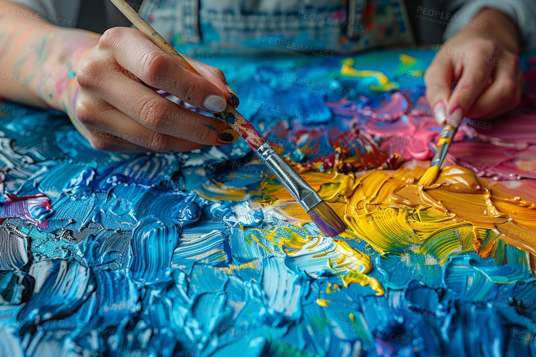 Buy stock photo Hands of person, paintbrush and canva for art with abstract, patterns and colorful textures. Creativity, artist and talent of artwork design with oil paint, drawing and vivid with vibrant aesthetic