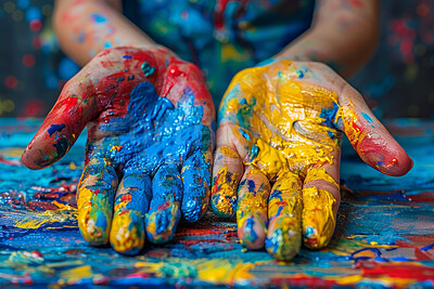 Color, paint and person showing hands, artist and creativity with art deco, wet and bright. Abstract, human and designer with palm, vibrant and vivid with student, playing and fun with presentation
