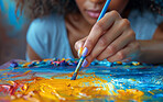 Woman, hand and painter canvas with creative expression or art therapy in workshop, inspiration or talent. Female person, paintbrush and color palette or acrylic class with process, hobby or skill