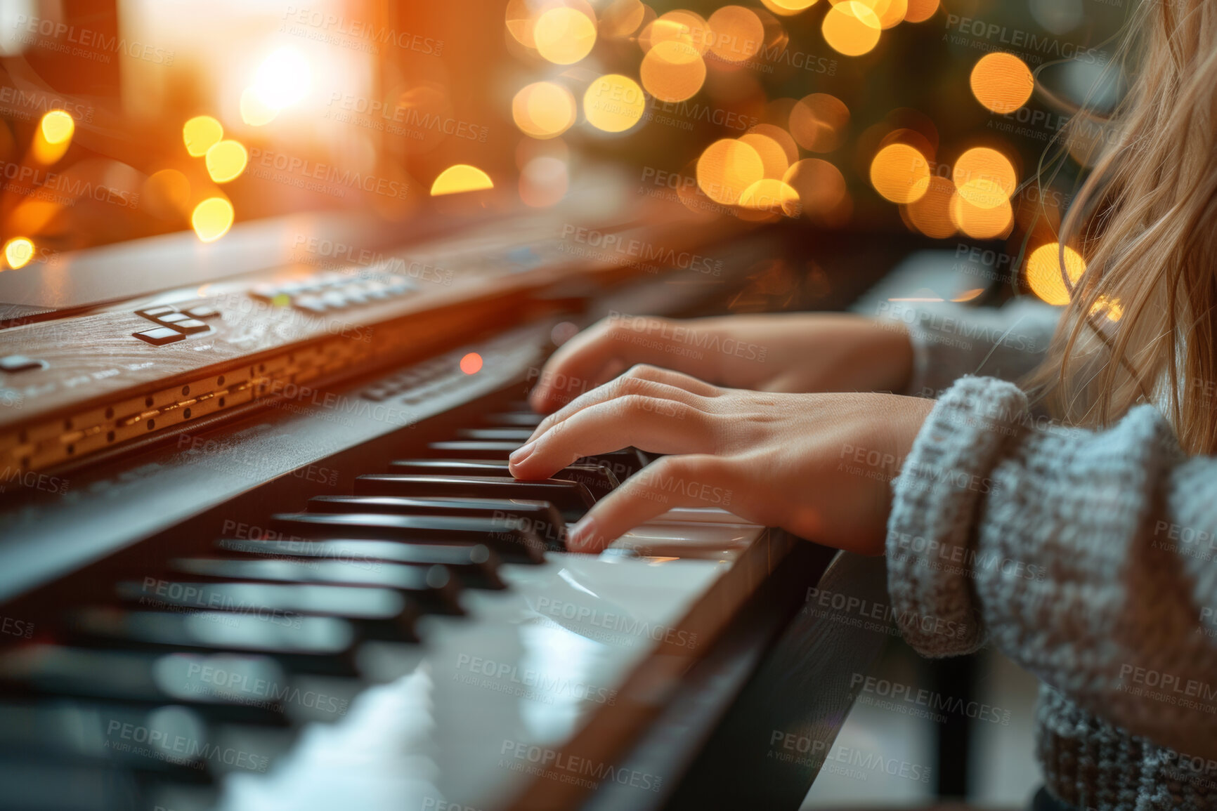 Buy stock photo Hands, piano key and playing in closeup with bokeh in studio with child development for learning. Recital, musical and sound with talent in creative with musician for audio with recording for song